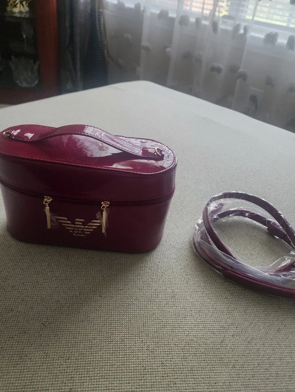 Emporio Armani Patent Cosmetic Case in Berry